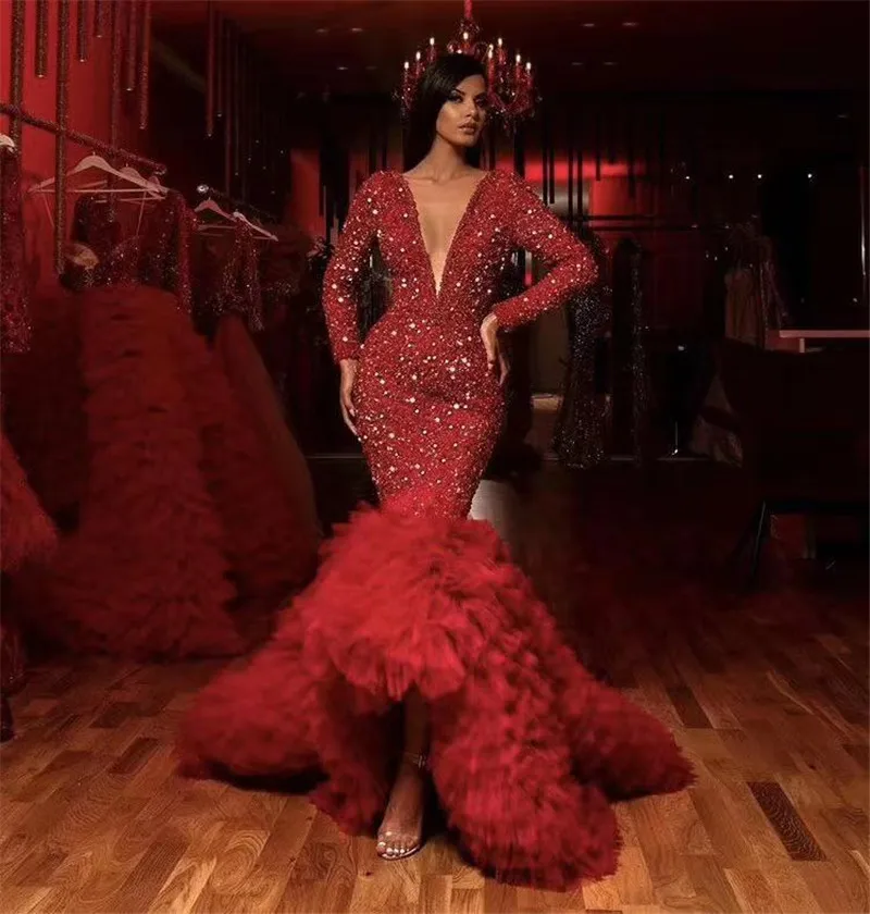 Sexy Vrouwen Jurken Lange Mouwen Rode V-hals Sequin Fishtail Bodycon Maxi Lange Jurk Feestjurk Sexy Vrouwen Jurken Lange Mouwen Rode V-hals Sequin Fishtail Bodycon Maxi Lange Jurk Feestjurk