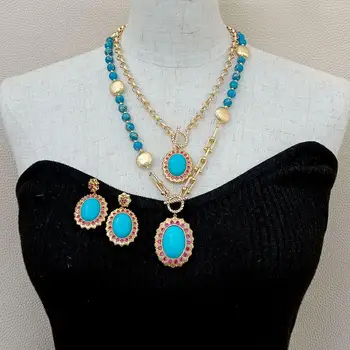 

Blue Sea Sediment Jaspers Turquoises Pendant Chain statement Necklace Earrings Set 18" for women