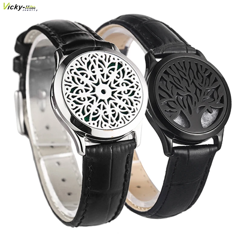 Black Genuine Leather Man Woman 30mm Aroma Locket Bracelet Stainless Steel Bangle Essential Oils Aromatherapy Locket Bracelet