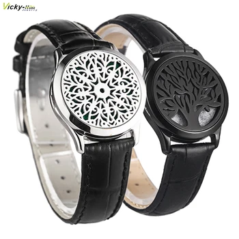 Black Genuine Leather Man Woman 30mm Aroma Locket Bracelet Stainless Steel Bangle Essential Oils Aromatherapy Locket Bracelet