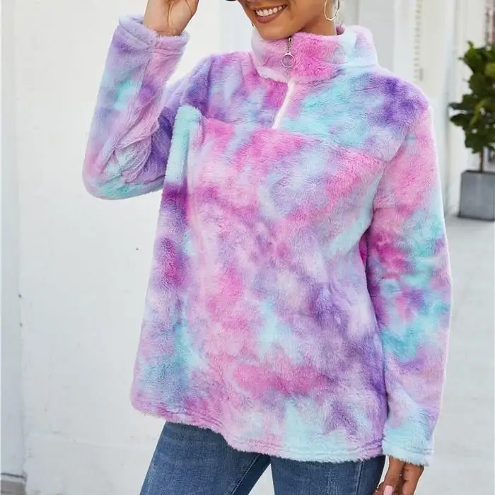 Пушистые толстовки на молнии с принтом «Tie Dye», радужные флисовые ...