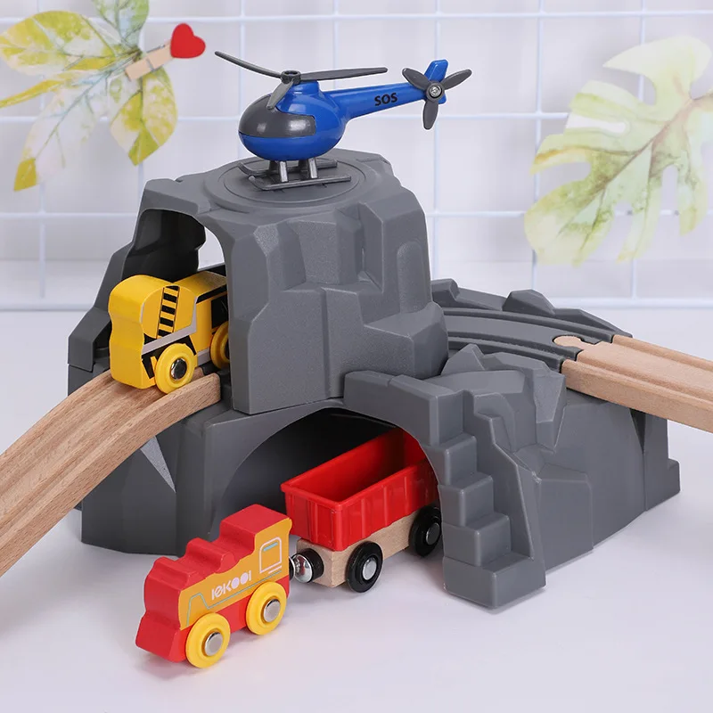 Детский деревянный поезд, деревянная линия для глаз, модель, туннель, пещера, двухслойная игрушка, богатая сцена, аксессуары
