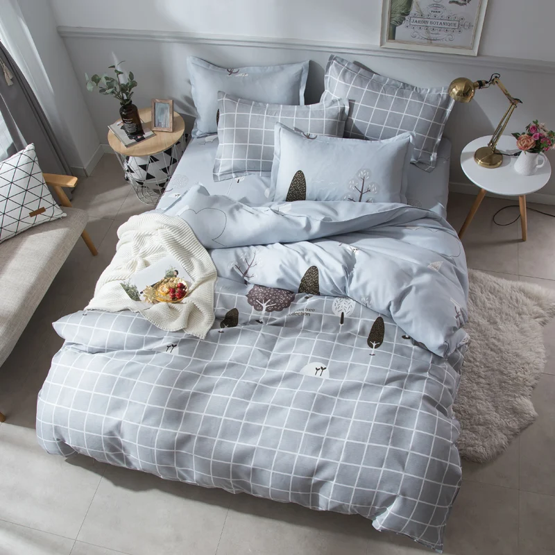 

New Classic Gray Plaid Bedding Set Modern Simple Style Duvet Cover Flat Sheet Pillowcase Women Men Queen King Size Bedclothes