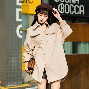 

Autumn Winter Korea Fashion Preppy Style Women Turn-down Collar Woolen Coats Double Pocket Loose Casual Long Coat jacket S173