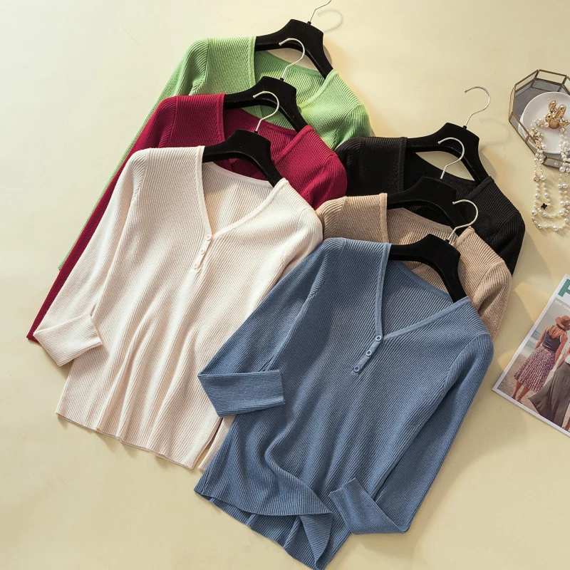 

Single Breasted Women Full Sleeve Button V-Neck Sweater 2020 New Knitted Basic elasticity Pullovers Autumn Winter Jumpers Ladies
