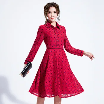 

2019 autumn new women's Korean retro skirt waist was thin contrast color round neck big swing dress women