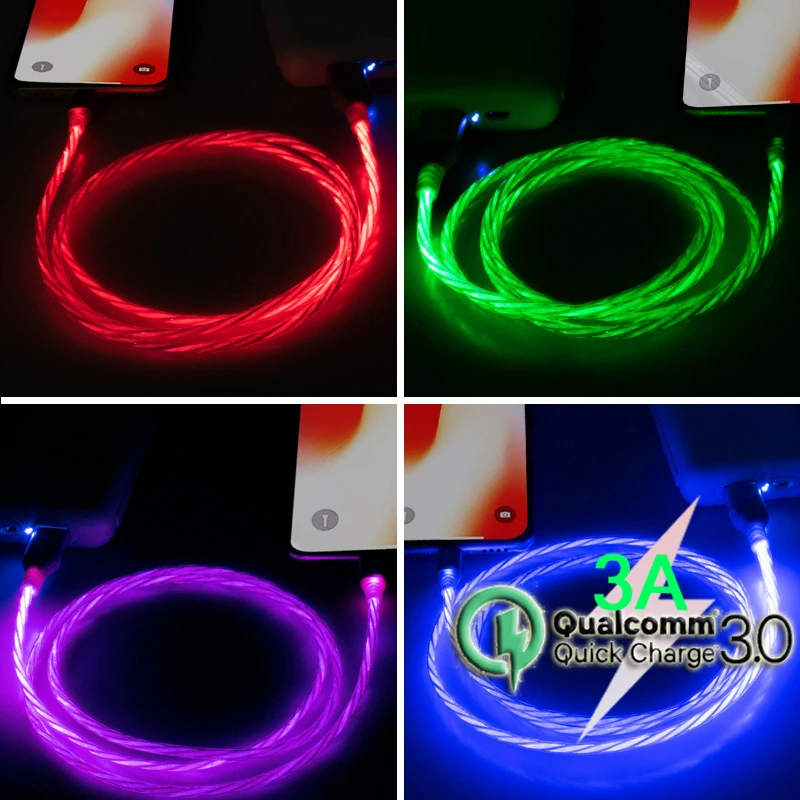 

1M 2M 3A Lighting Wire Flowing LED USB Cable Micro USB Charging Cable Type C 8Pin Fast Charger Cable QC 3.0 Quick Charge 3.0 2.0