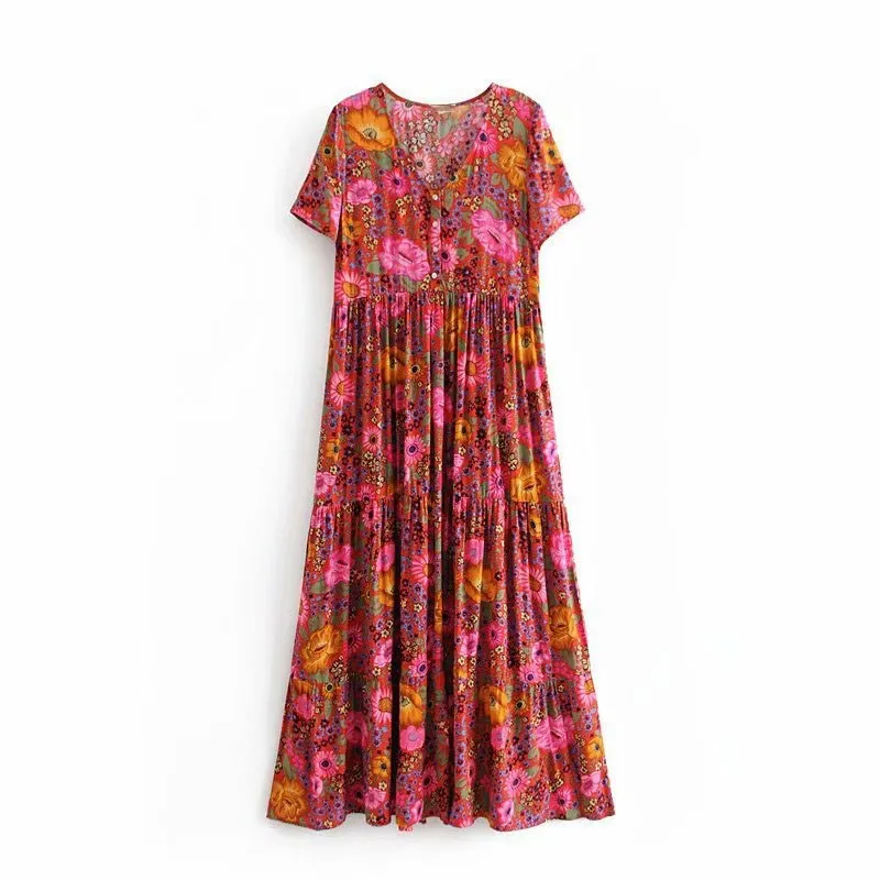 Fashion Mooie Zomer Korte Mouwen Boho Jurk V-hals Button Bloemenprint Jurken Losse Chic Vrouwen Casual Maxi Jurk Fashion Mooie Zomer Korte Mouwen Boho Jurk V-hals Button Bloemenprint Jurken Losse Chic Vrouwen Casual Maxi Jurk