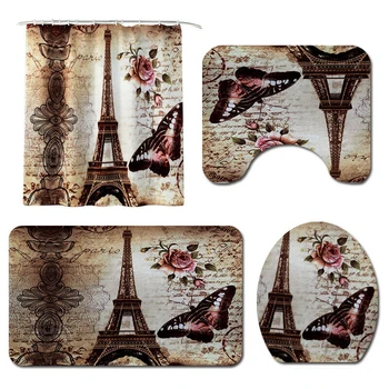 

Eiffel Tower Print Bathroom Carpet Shower Curtain Toilet Lid Cover Foot Pad Set Good Non-slip Property