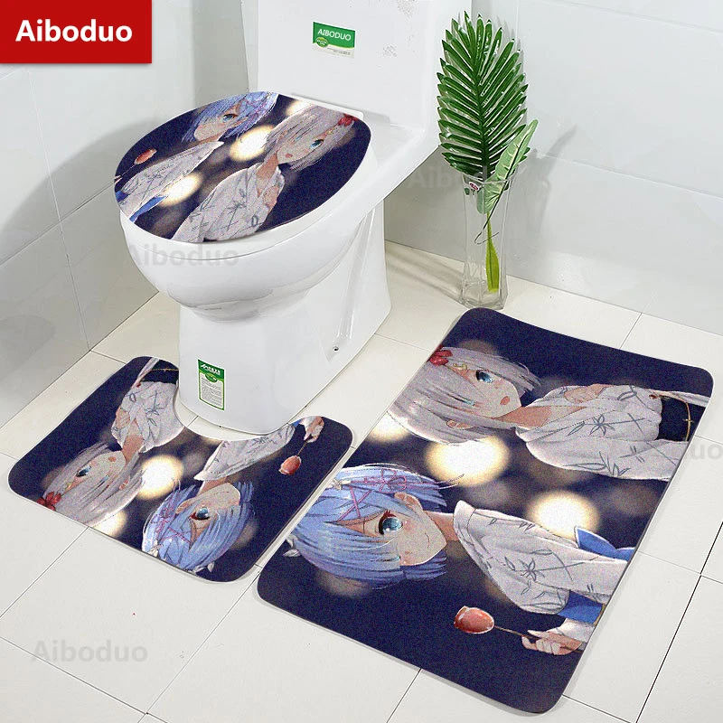 

Aiboduo Kawai Anime Girl Rem Ram 3pcs/set Toilet Lid Cover Set NonSlip Carpet Bath Mat Re Zero Warm Home Decoration Restroom Rug