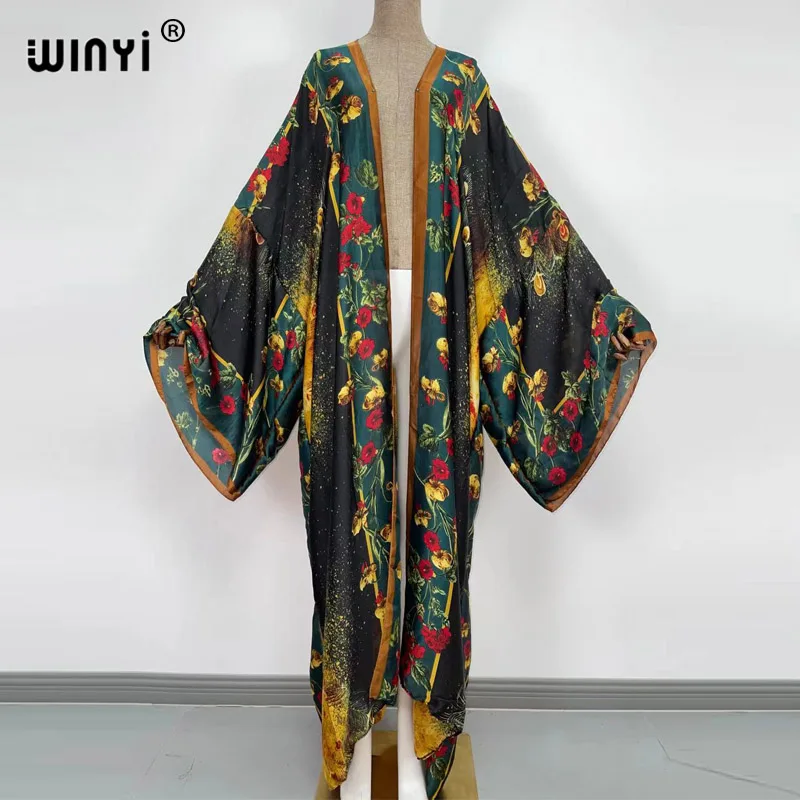 Bikini  cover-up swimwear Sweet Lady Pink Boho Print Self Belted Front Open Long Kimono Dress Beach Tunic Women Wrap Dresses