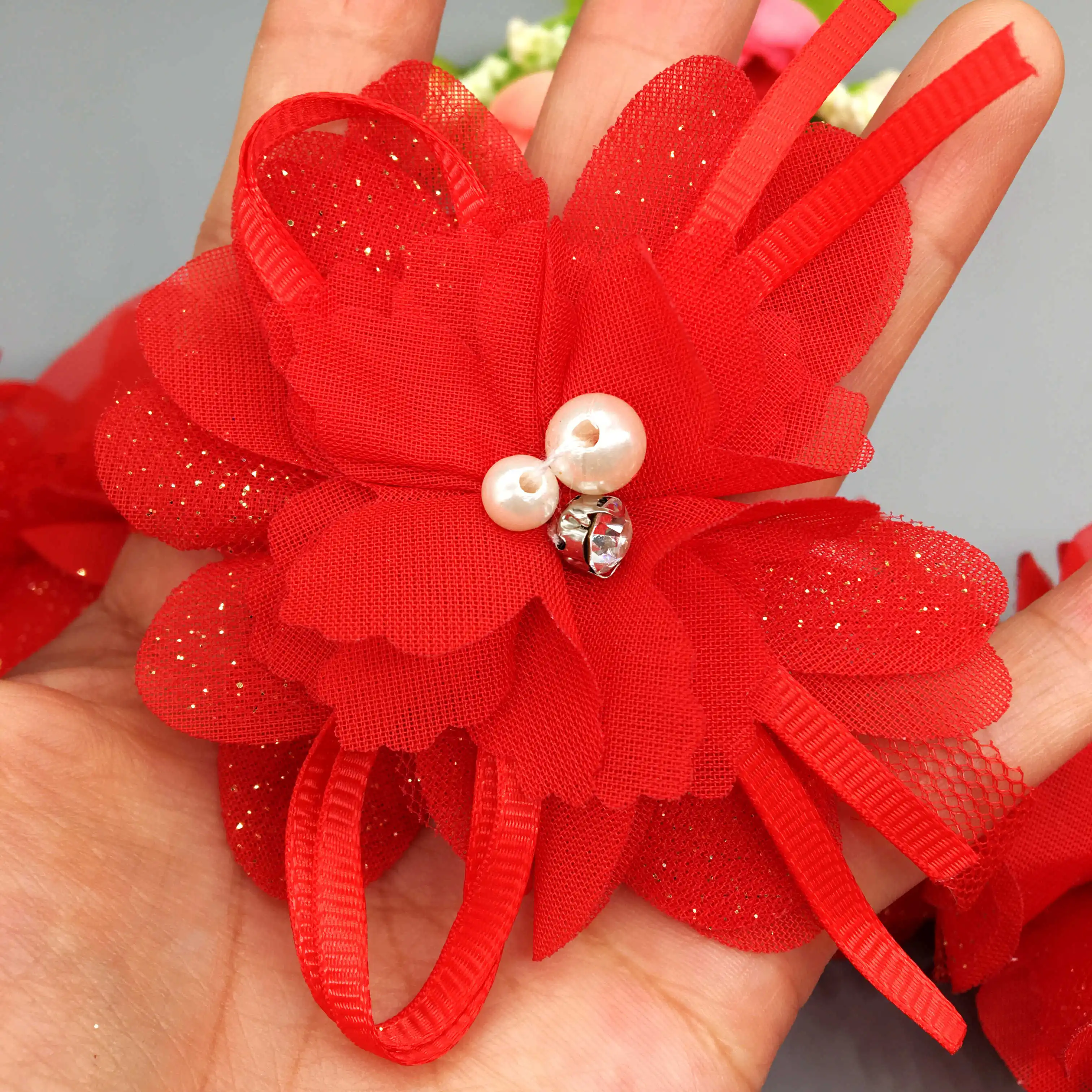 1 Yd Red 3D Flower Pearl Lace Trim Handmade Rhinestone Trimmings Wedding Wrist Dress Clothes Applique DIY Sewing Crafts | Дом и сад