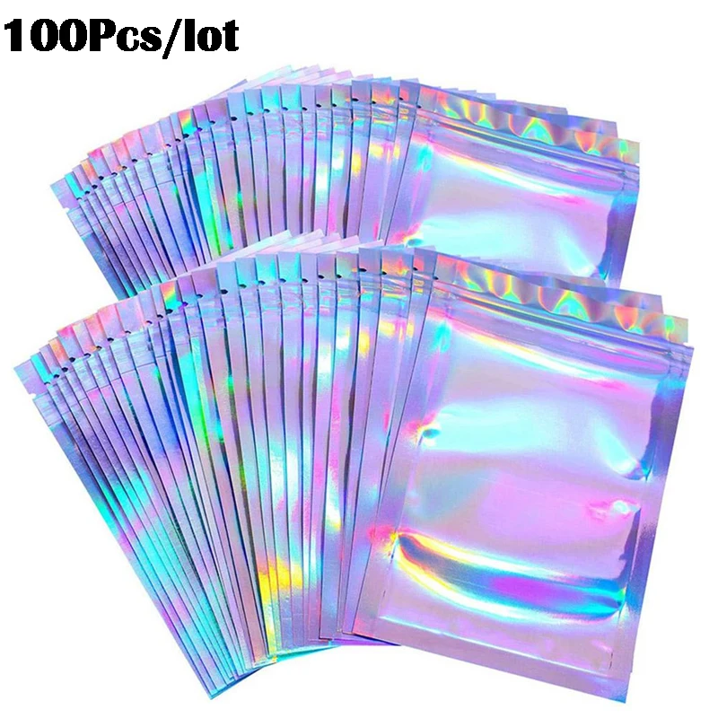 100 pcs/lot sacs à fermeture éclair irisée pochettes cosmétiques en plastique Laser fermeture éclair en plastique emballage de détail pochettes en Poly sacs à fermeture éclair