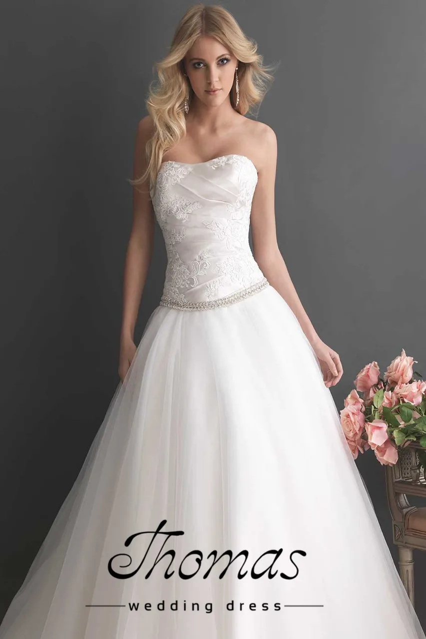 Equintado we-90 novo a-querida linha sem mangas bordado cetim e tule branco vestidos de Casamento свадебные платья