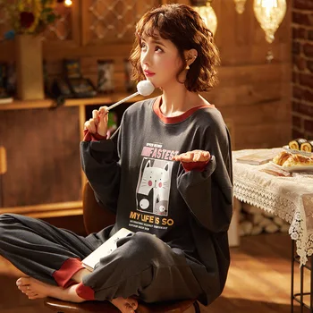 

M-XXL autumn home service young ladies pullover pajamas long-sleeved trousers ladies simple, compact and comfortable suit E30