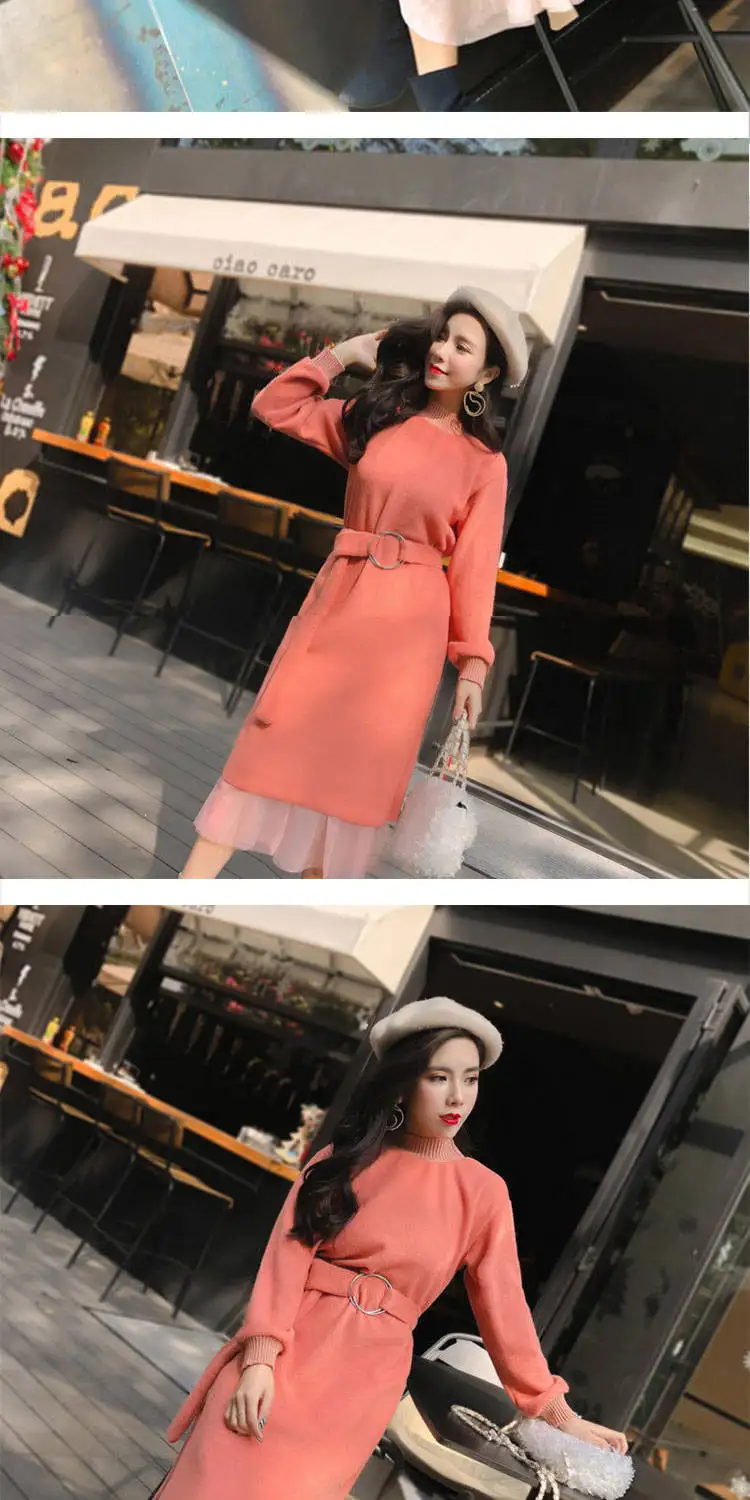 Woherb/комплект из двух предметов, элегантный Однотонный свитер со шнурками, платье феи, сетчатая юбка средней длины, милая модная Корейская Новинка 90948
