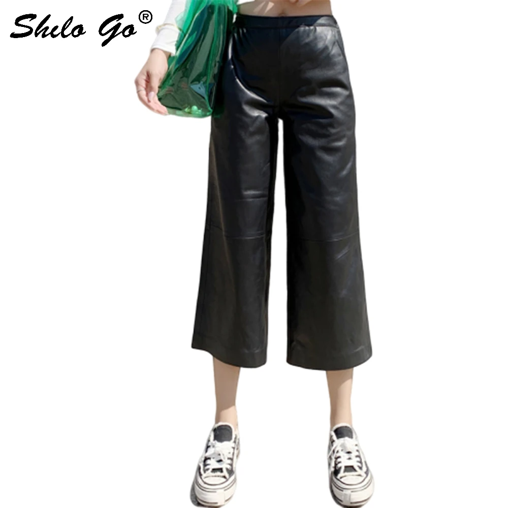 Lederen Broek Zwart Minimalistische Hoge Taille Schapenvacht Wijde Pijpen Broek Vrouwen Herfst Winter Casual Elastische Taille Broek Lederen Broek Zwart Minimalistische Hoge Taille Schapenvacht Wijde Pijpen Broek Vrouwen Herfst Winter Casual Elastische Taille Broek