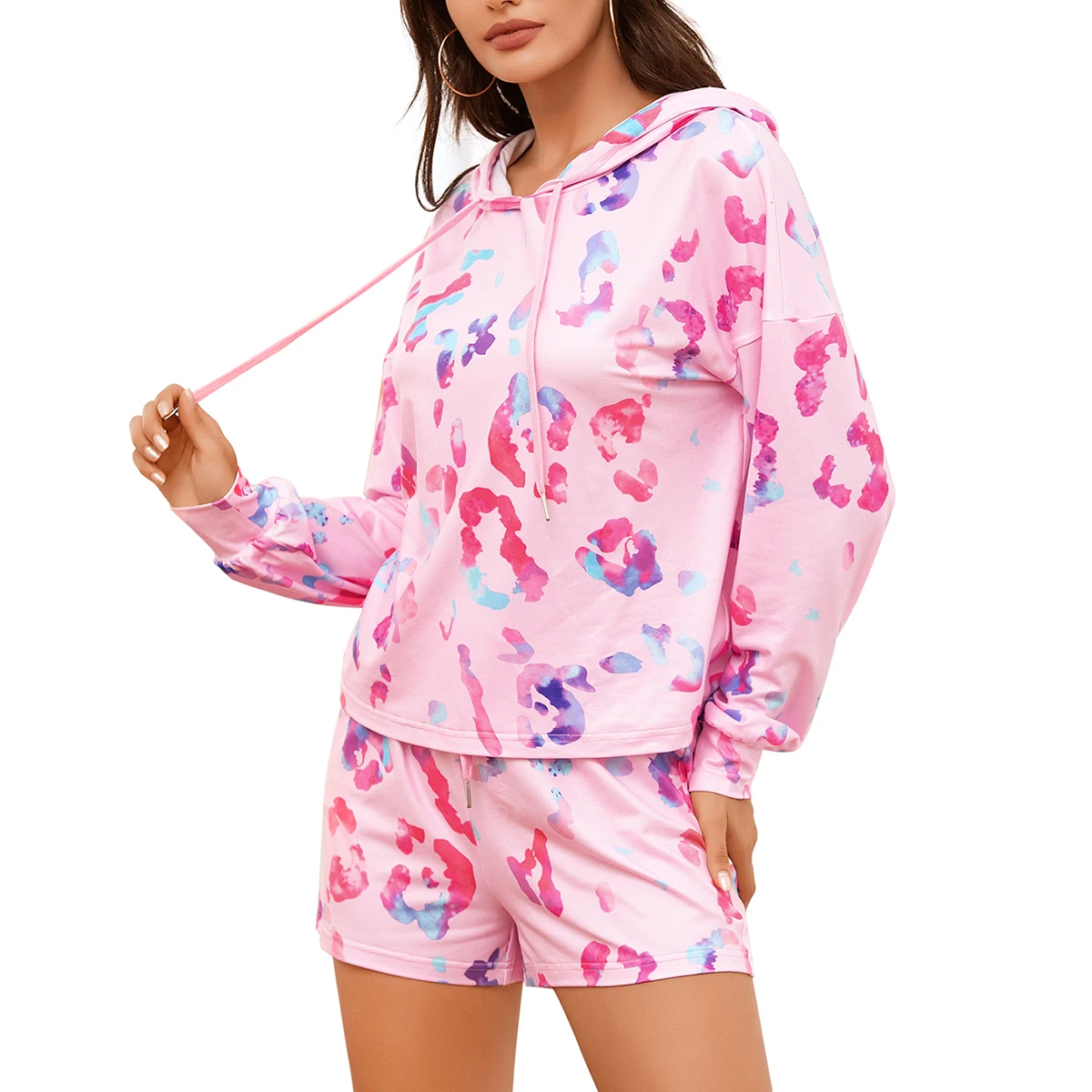

Women Two-piece Suits Casual Tie-dye Printing Long Sleeve Top and Shorts Home Clothing