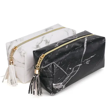 

Women's Cosmetic Bag Marble Pattern Large-capacity Portable Travel Storage Bag Waterproof Tassel Pouch PU Leather Makeup Case