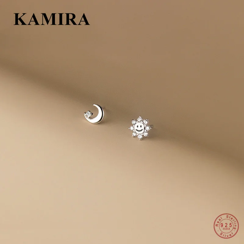 

KAMIRA 925 Sterling Silver Korean Chic Sun Moon Happy Zircon Stud Earrings for Women Wedding Simple Lovely Jewelry Accessories