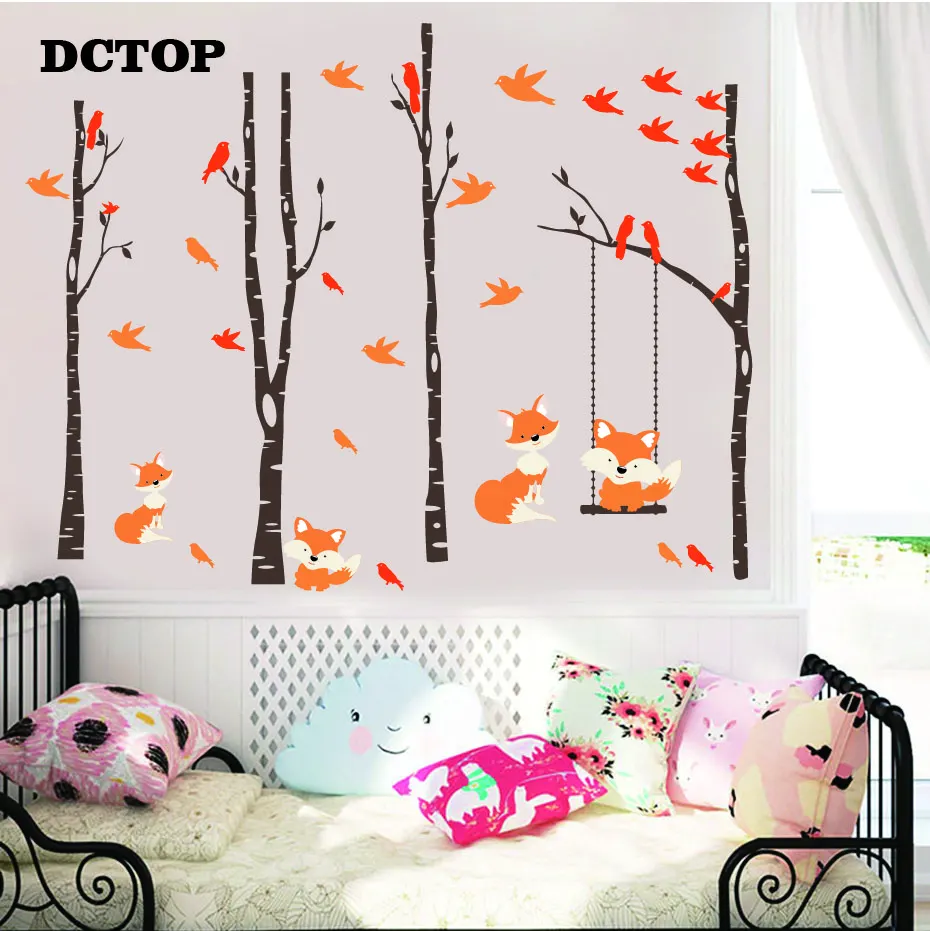 

Fox Cartoon Wall Decals 4 Trees Birch Nursery Vinyl Decor Swinging Fox From Branch Stickers Forest Woodland Birds Baby Bedroom