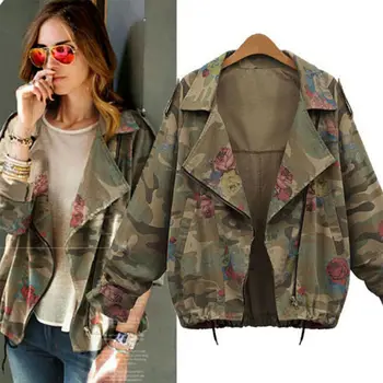 

Lady Long Sleeve Slim Rose Jacket Fall Zipper Camouflage Jacket Army Green Coat