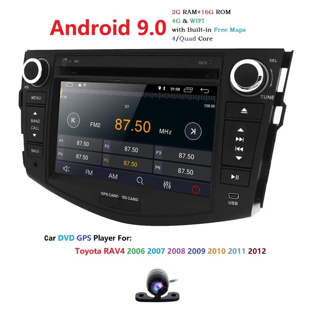 Top 2006-2012 1024*600 HD Screen 2Din Android 9.0 4QuadCore 2+16 Car DVD for Toyota RAV4 Audio Video Stereo GPS Radio RDS 4G Wifi SD 4