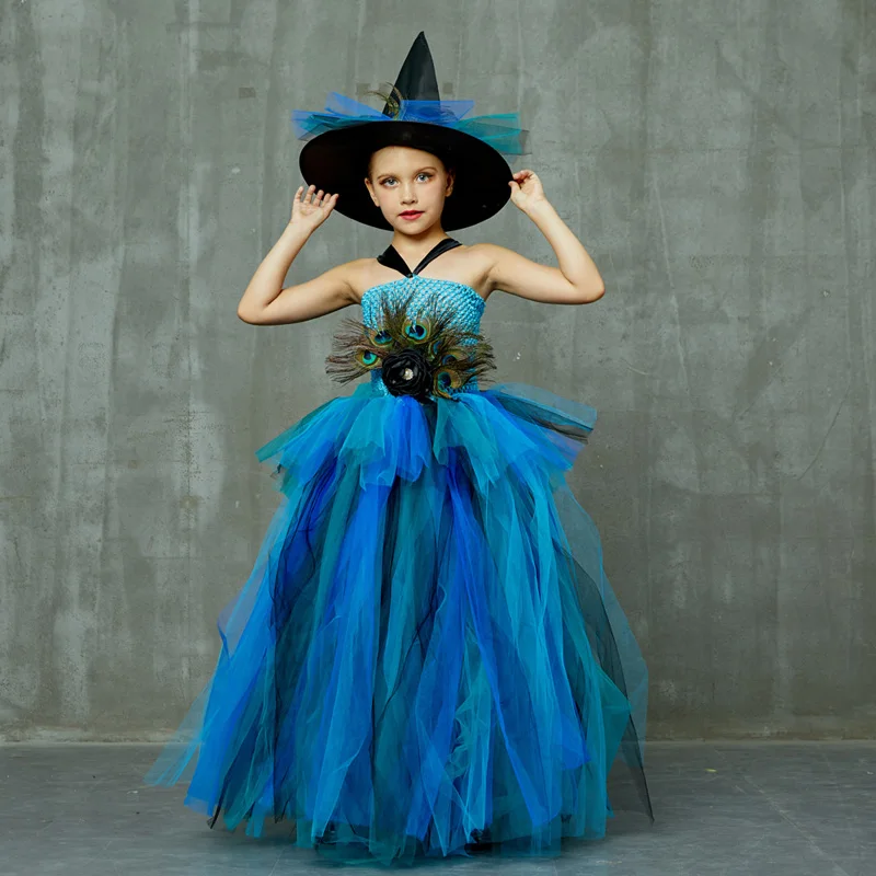 Элегантный костюм с перьями павлина; Пышное многослойное платье-пачка с павлином и шляпой ведьмы для девочек; Детские нарядные вечерние бальные платья