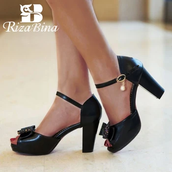 

RizaBina Brand Women Summer Sandals Open Toe Buckle Bowknot Thick Heels Shoes Daily Party Bling Women Footwear Size 32-43