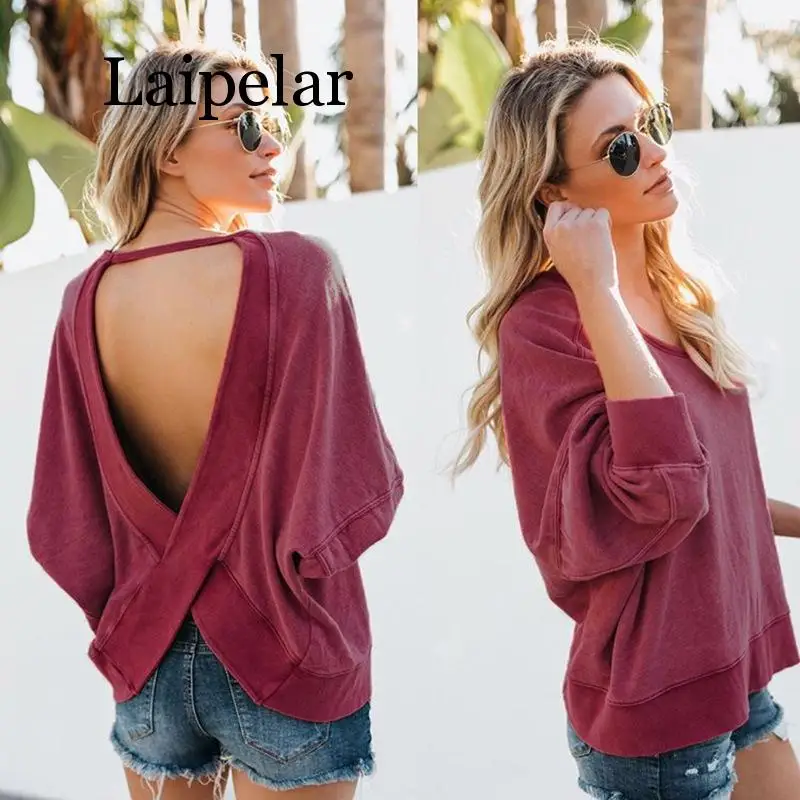 

Backless Pullovers Sweatshirts Women Loose Hoodie Patchwork Tops 2020 Autumn Fashion Sexy Sweatshirt Female Coat