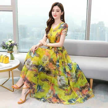 

2020 Print Boho Chiffon Beach Maxi Dress Spring Summer Plus Size Vintage Runway Midi Dress Elegant Women Bodycon Party Vestidos