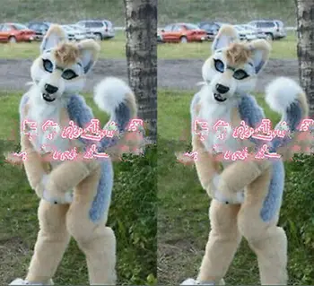 

New Cute Long Fur Husky Dog Fox Fursuit Mascot Beige Costume Halloween Cosplay Fancy Dress Adults cartoon mascot costumes