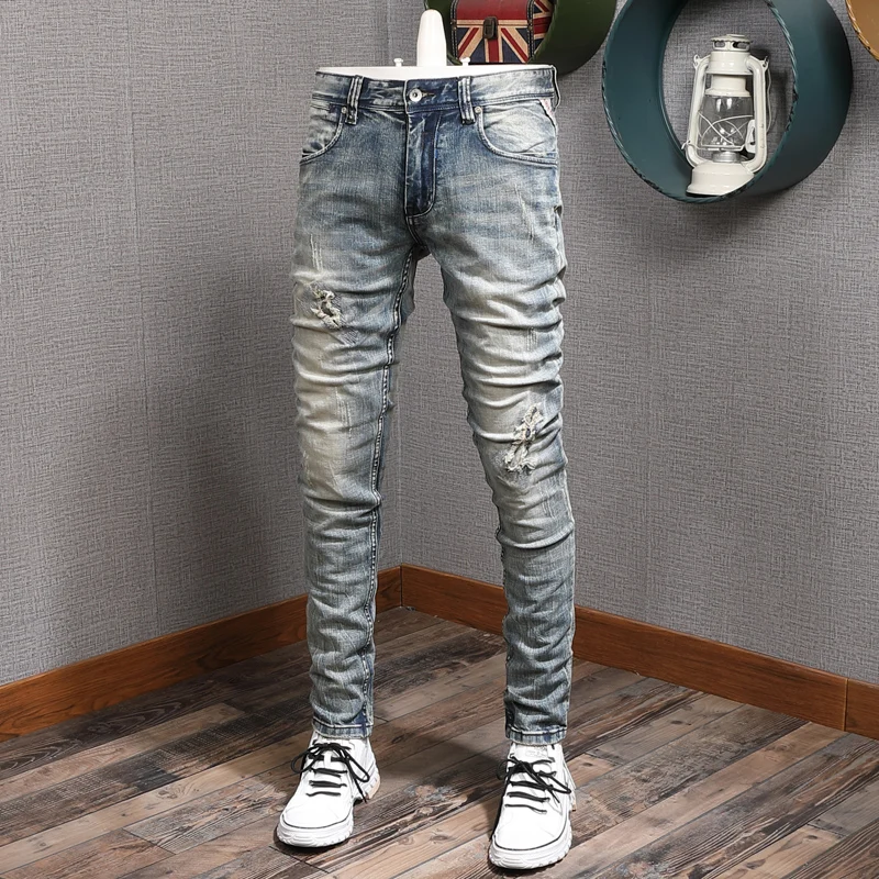 Pantalones vaqueros de estilo italiano para hombre, Jeans rasgados ajustados elásticos de alta calidad, Retro Azul de algodón de diseño Vintage
