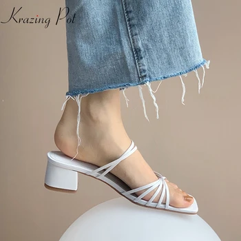 

Krazing pot korean girls daily wear dating dress narrow band square toe women sandals slip on med square heels summer shoes L47