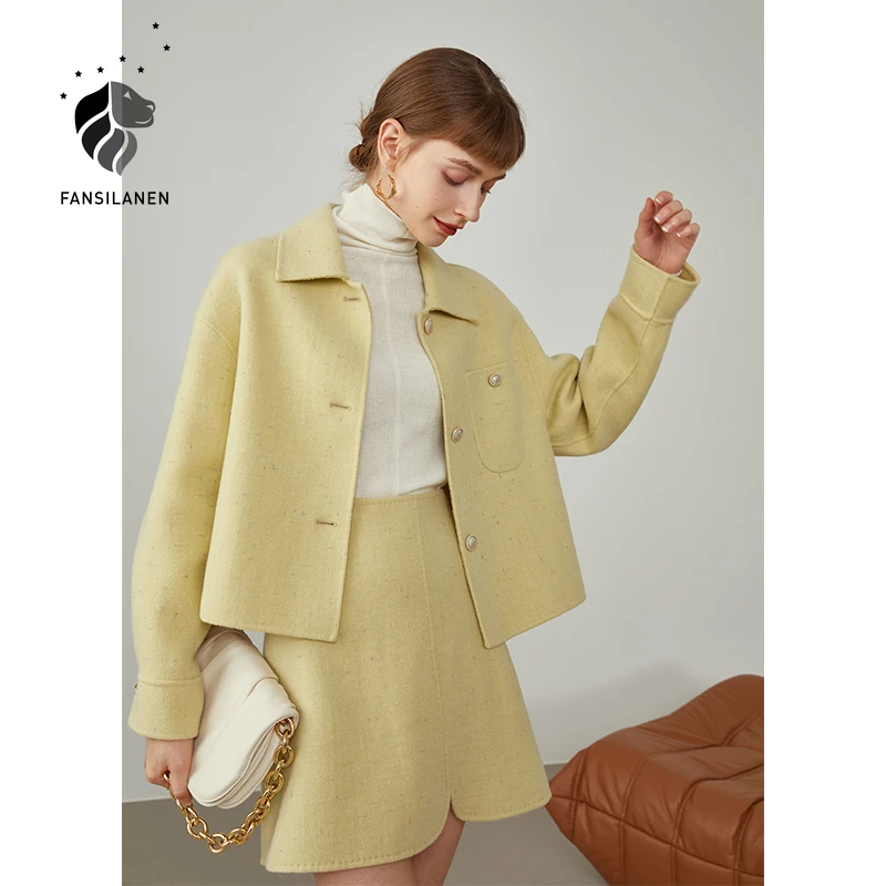 FANSILANEN Women Fragrance Double-sided Woolen Coat Suit Two-piece Winter Wool Short Skirt Ladies Temperament Suits |