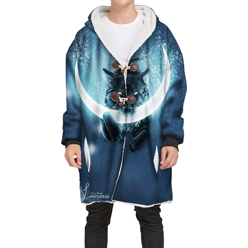 

YOUTHUP Winter New Long Velvet Hoodies Men/women 3D Animals Printing Wolf Hooded Pullovers Thick Hoodies Streetwear