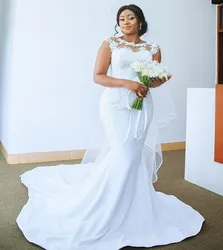 Plus Size Arabic Aso Ebi Lace Beaded Mermaid Wedding Dresses Sheer Neck Bridal Gown Customed Vestidos De Noiva