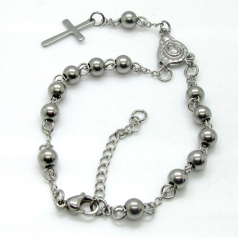 Stainless Steel Rosary Women Christe Beads Bracelet Vintage Jesus Christ Crucifix Cross Bracelet Bead Chain Wristband Croca Char
