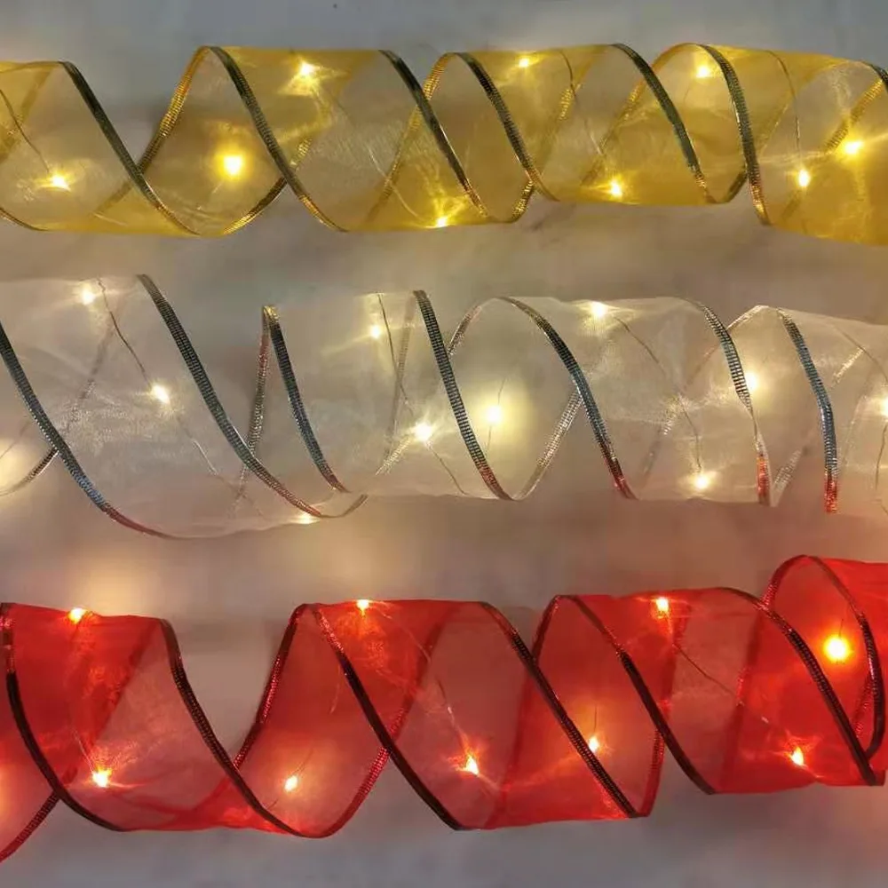 6.3cm*2m Double Layers Satin Ribbon Ribbons For Crafts Warm Light LED Christmas Ribbon Gold Silver Red Christmas Tree Decoration