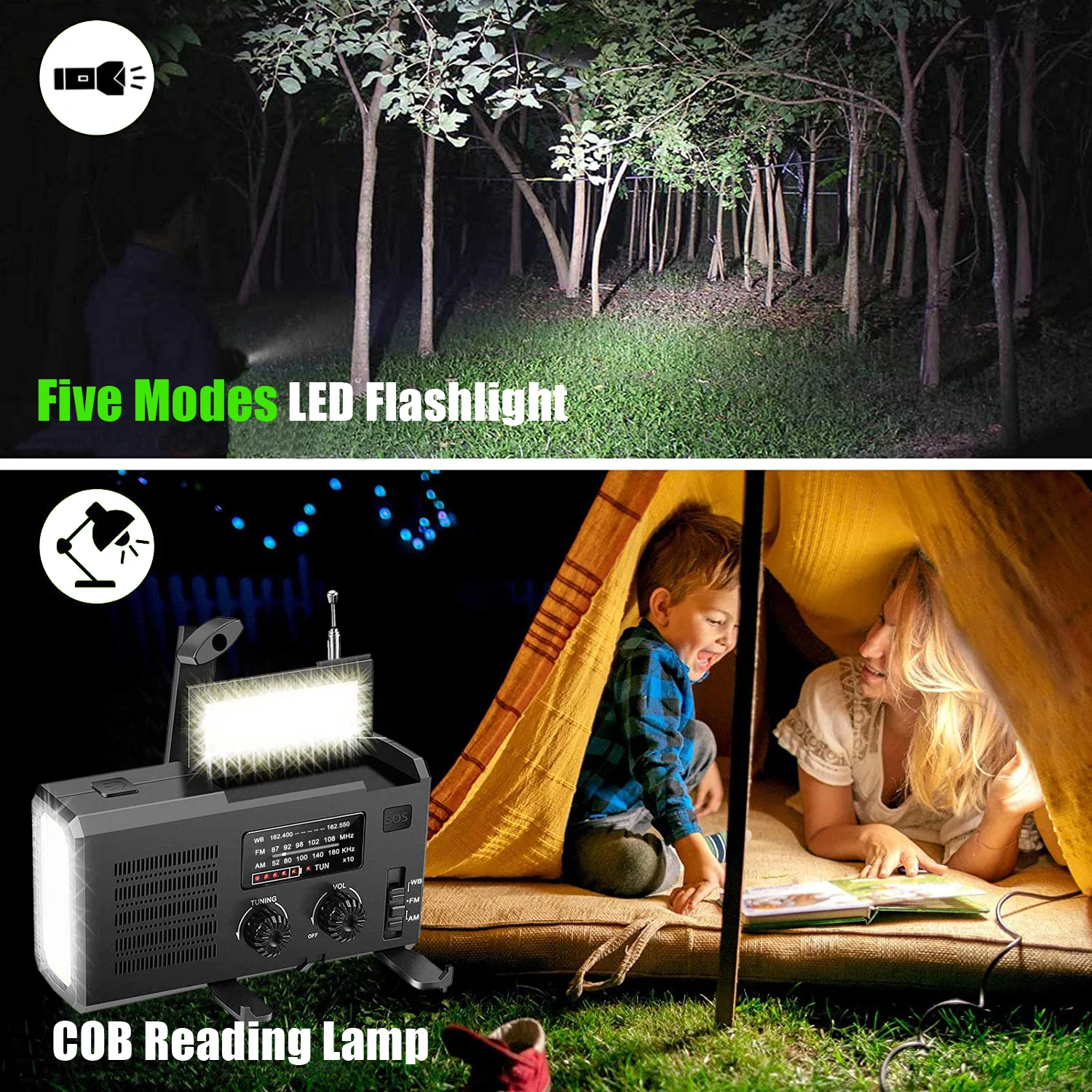 Lanterna de Cabeça Gerador de Emergência com Manivela Recarregável Bateria Solar Manual Rádio am - fm 4000mah - Image 4