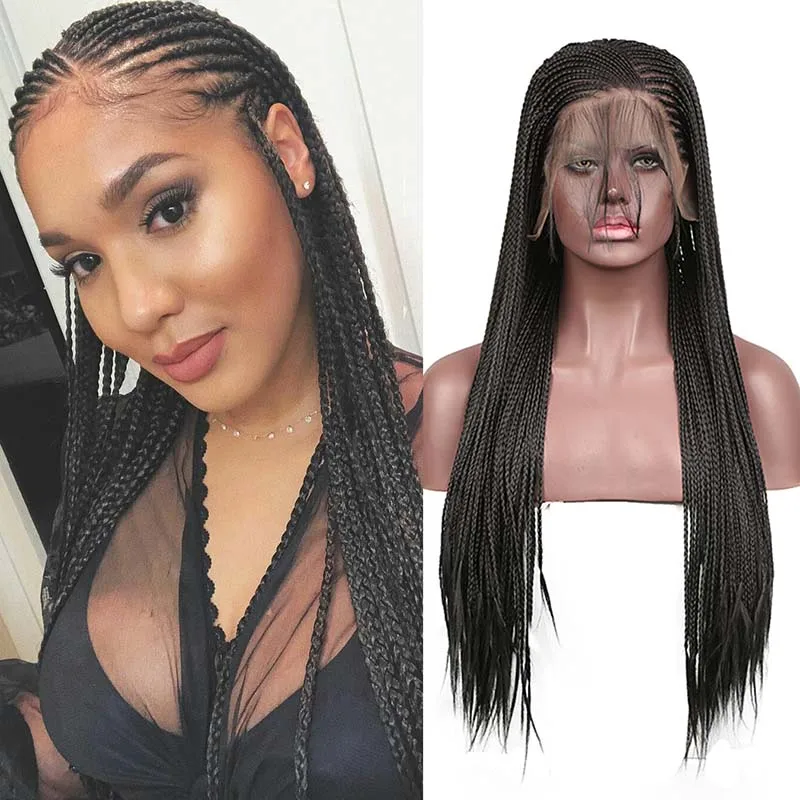 

AIMEYA 13×6 Deep Part Micro Braids Wig Black Box Braided Synthetic Lace Front Wigs for Women Half Hand Tied Long Braids Wig