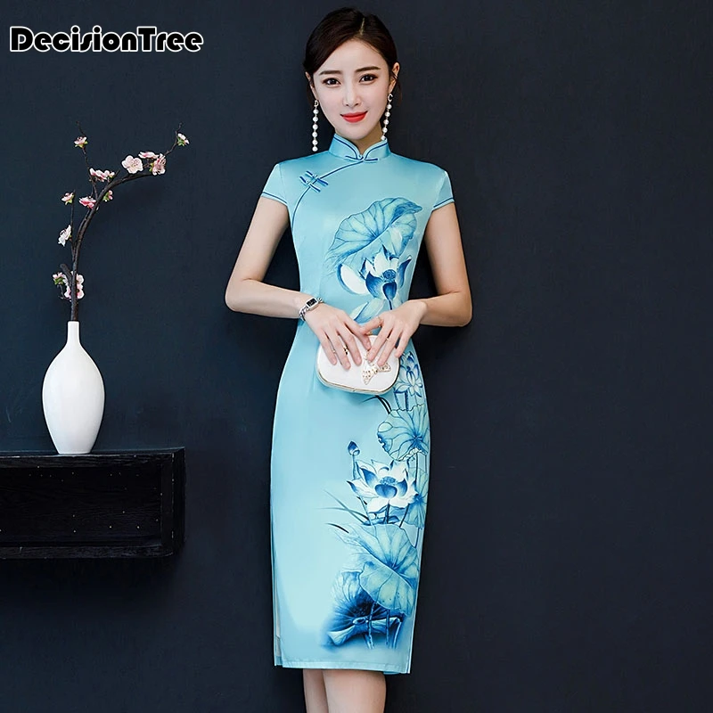 2019 Красный традиционный, для китаянок платье шелковой атласной ткани cheongsam пикантные Ципао с цветами торжественное платье в винтажном