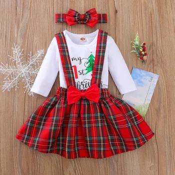

My 1st Christmas Newborn Baby Girl Clothes Christmas Cartoon Print Romper Long Sleeve Tops+Plaid Skirt+Headband Set bebes