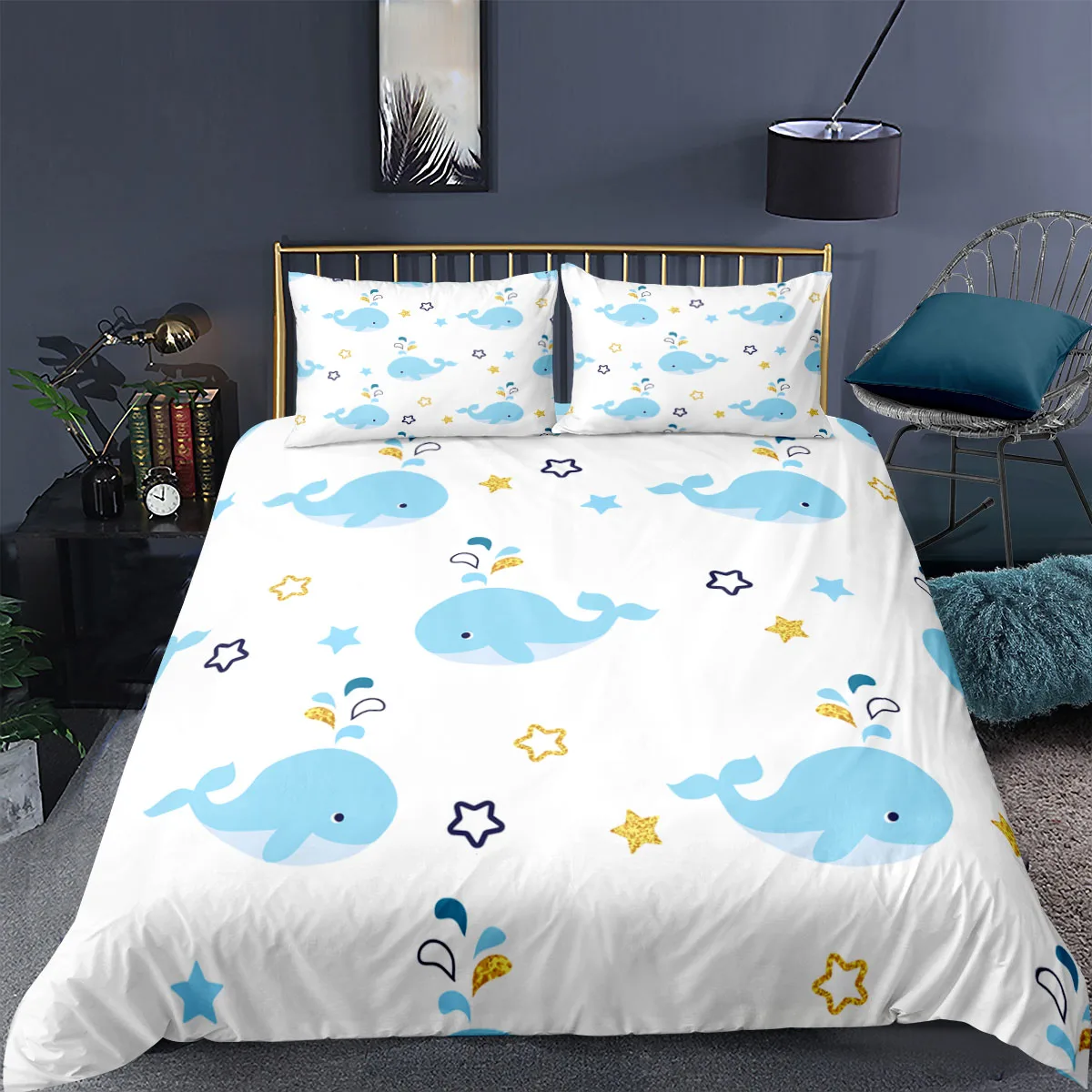 

Caroon Whale Seahorse Duvet Cover Set Animal Whales Bedspreads Bedding Set Ocean Blue Watercolor Bedclothes 2/3pcs Bed Cover