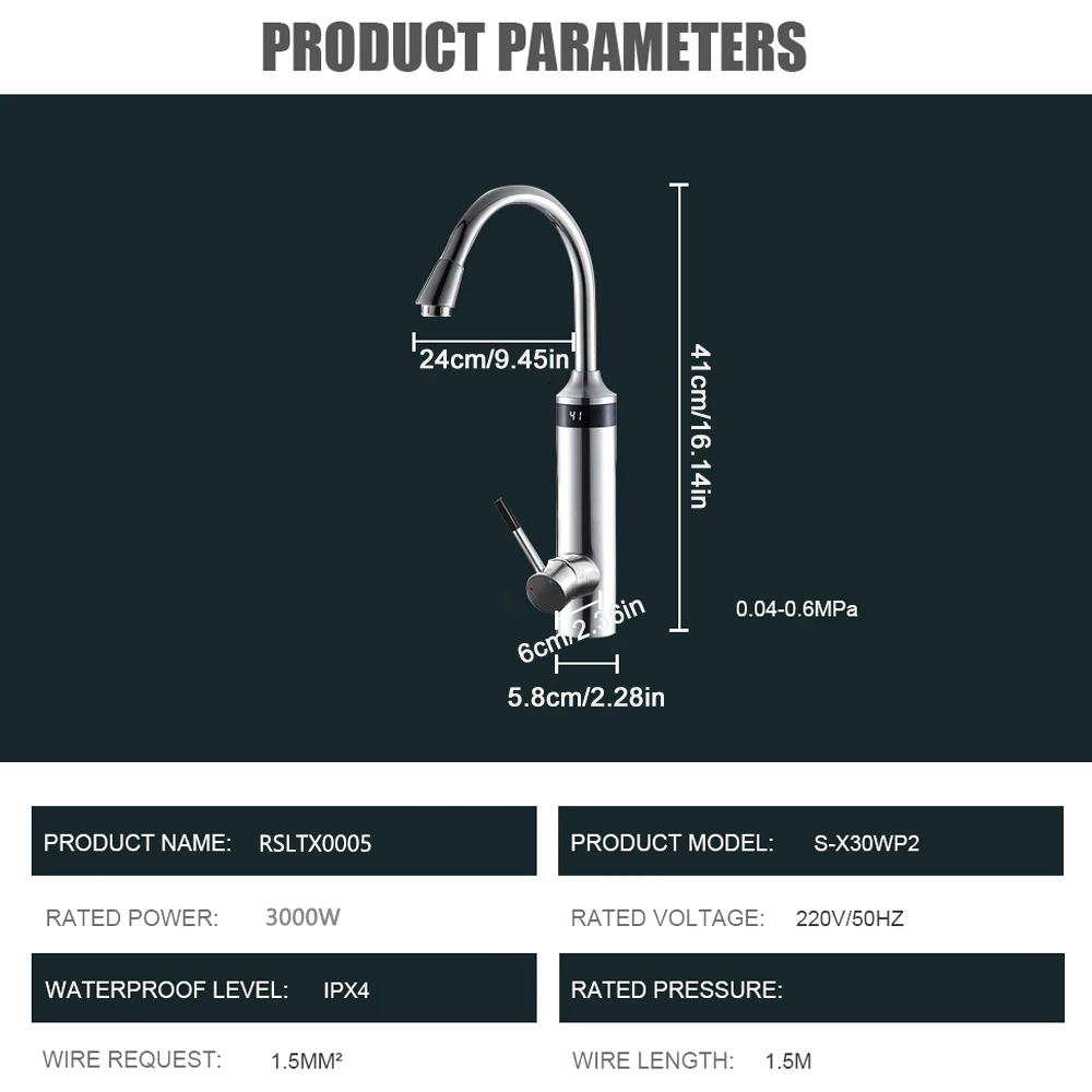 CABWEHOME Kitchen Instant Electric Faucet Digital Display Bathroom Stainless Steel Shell Hot Cold Water Heater Tap 3000W