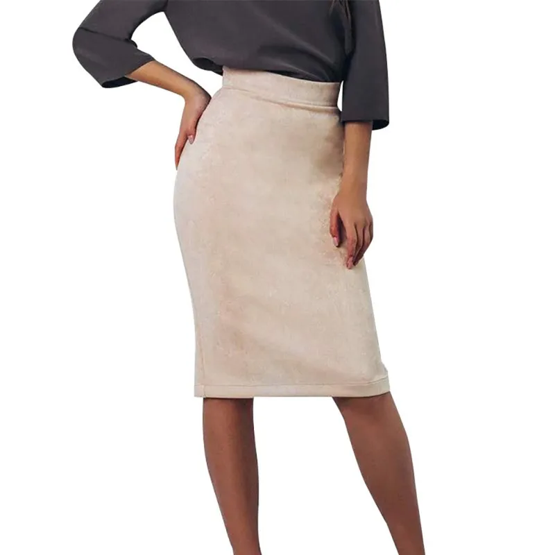 New Autumn Winter High Waist Knee-length Skirt Suede Solid Color Women Slit Fashion Slim Beige! | Женская одежда