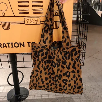 

Origional Korean-style Autumn And Winter Corduroy Leopord Pattern WOMEN'S Bag Large Capacity Artistic College Style Versa