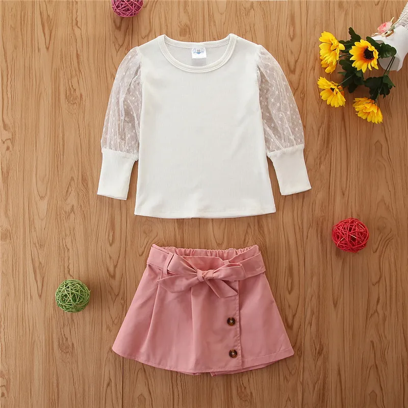 

2020 Child Girl Set Fashion Little Girl Mesh Long Sleeve Knitted Tshirt Top + Shorts Suit Girls Summer Outfits Clothes Set