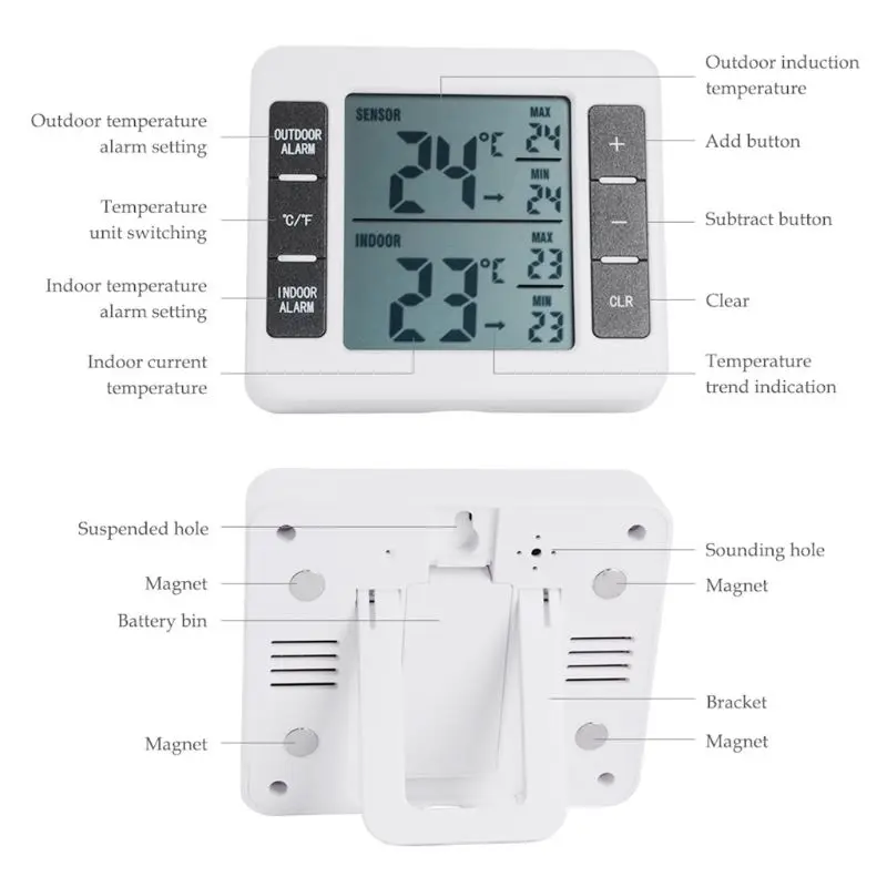 Wireless Digital Audible Alarm Refrigerator Thermometer With 1pc Sensor Min/Max Display Indoor Outdoor Thermometer