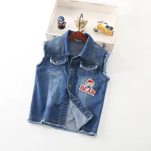 Детский жилет весенне-осенний теплый модный джинсовый жилет с потертостями для мальчиков жилет с отделкой из меха медведя